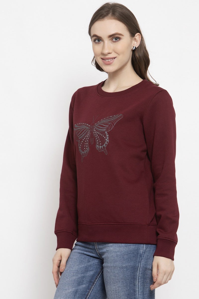 Gipsy Burgandy Solid Poly Cotton Sweatshirt