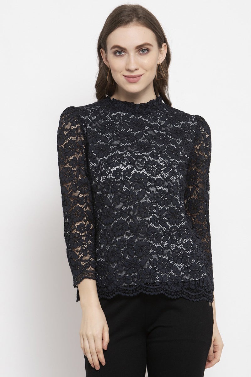 Gipsy Navy Blue Floral Net Top