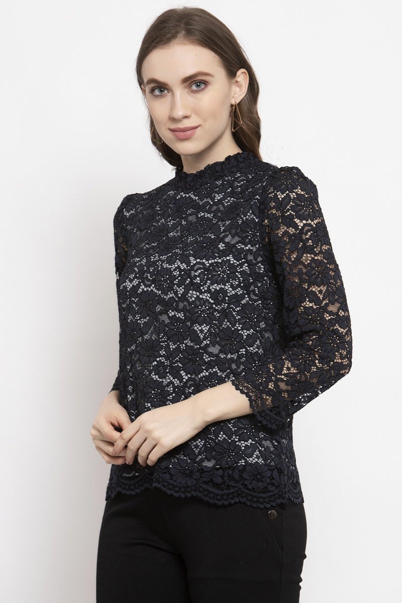 Gipsy Navy Blue Floral Net Top