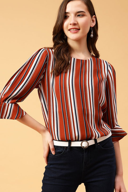 Gipsy Orange Vertical Stripes Crepe Top