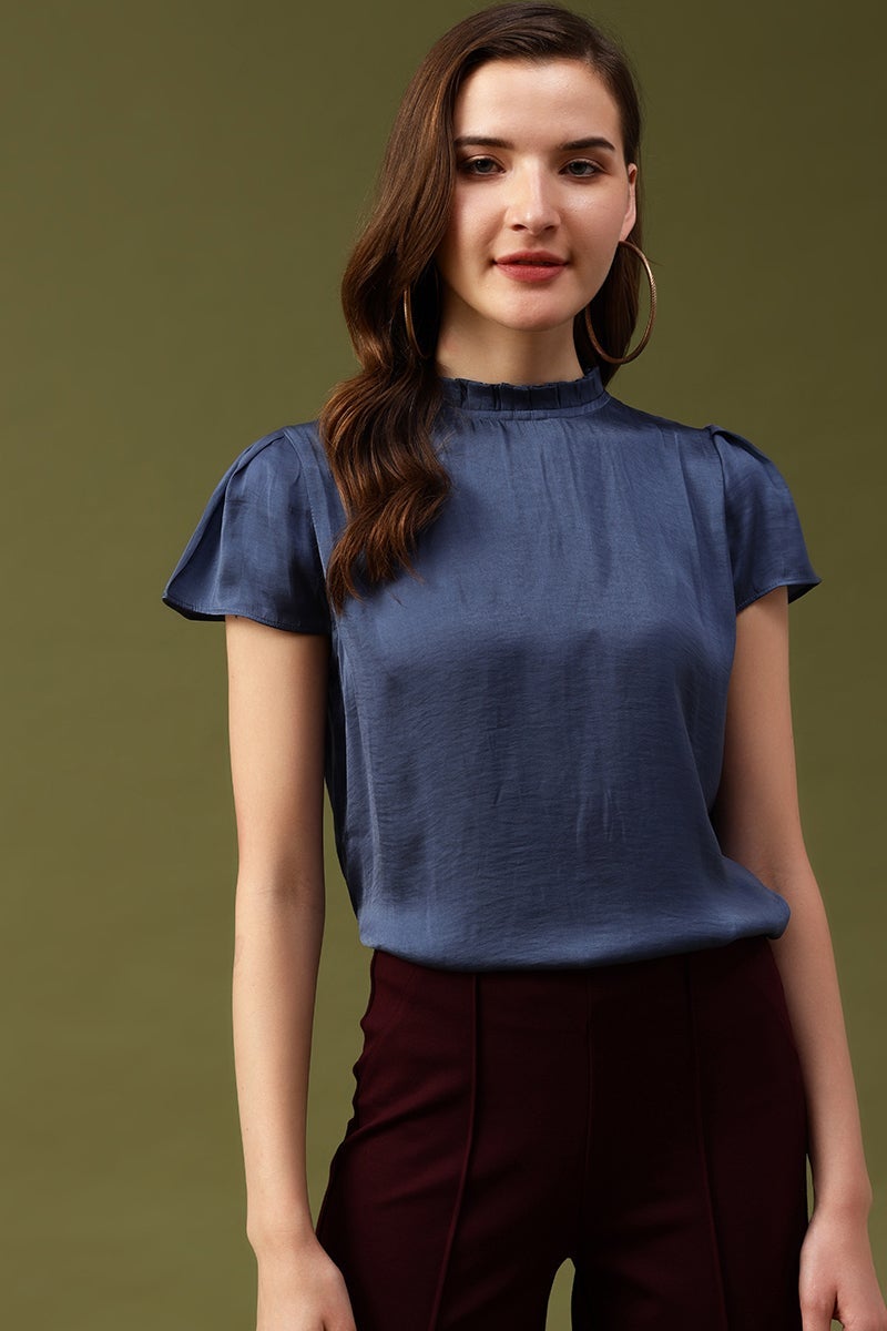 Gipsy Steel Blue Solid Satin Top