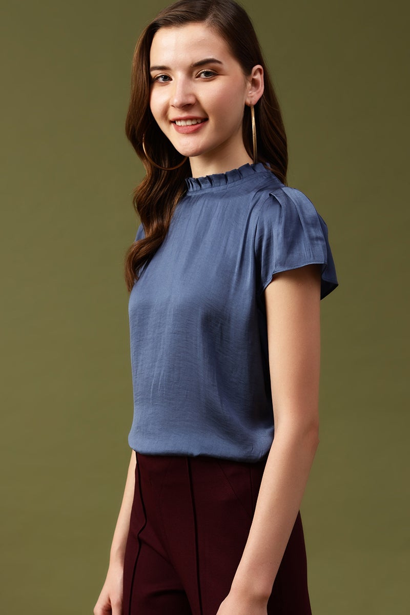 Gipsy Steel Blue Solid Satin Top