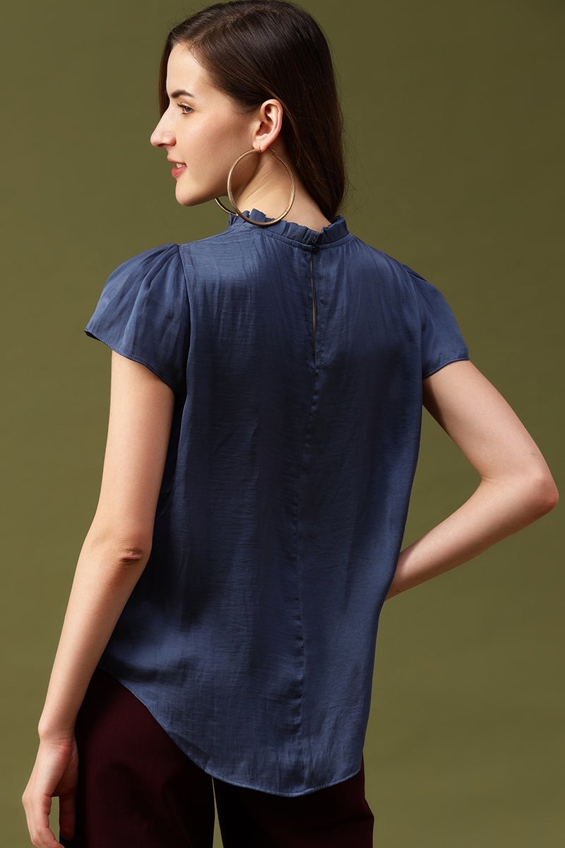 Gipsy Steel Blue Solid Satin Top