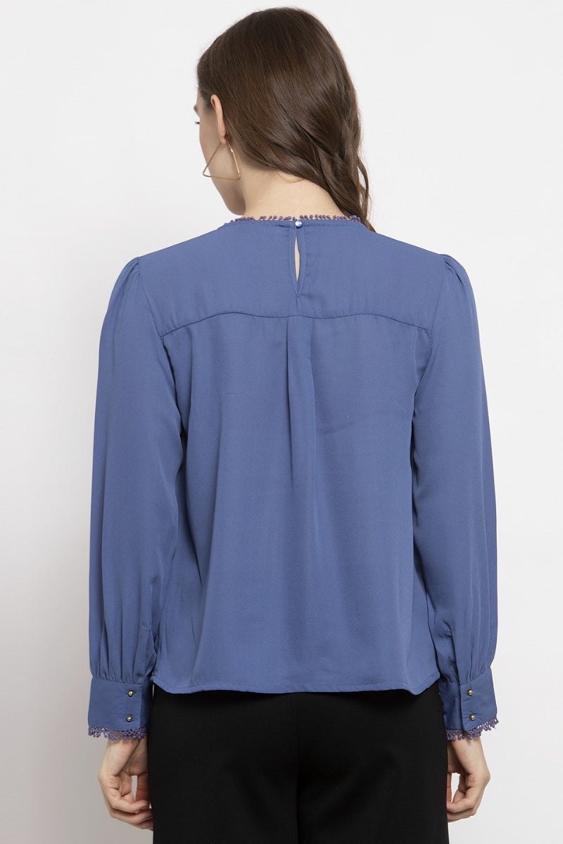 Gipsy Steel Blue Solid Crepe Top