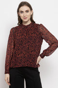 Gipsy Deep Orange Abstract Georgette Top