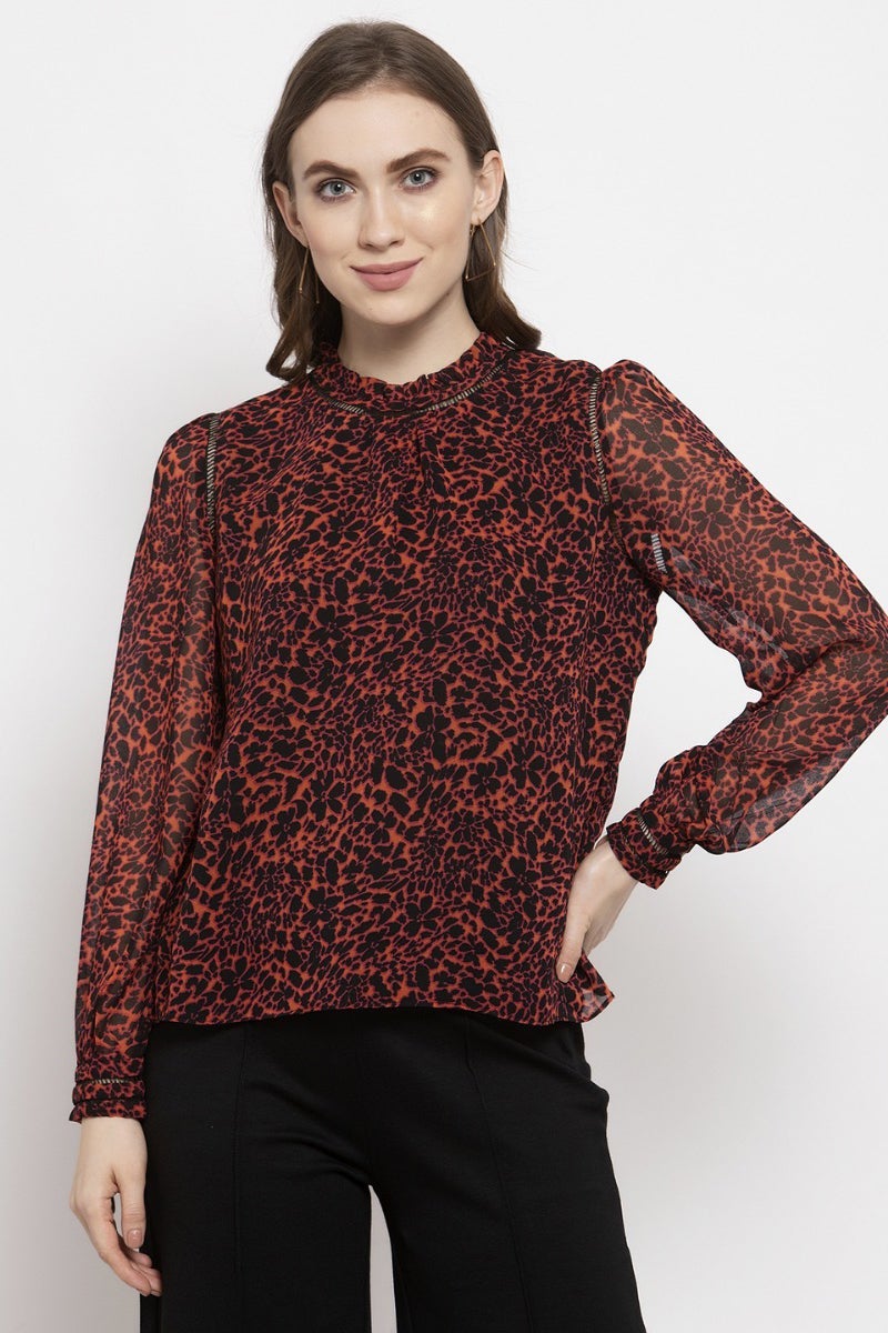Gipsy Deep Orange Abstract Georgette Top