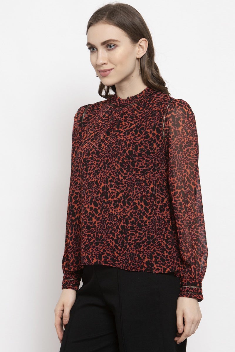 Gipsy Deep Orange Abstract Georgette Top