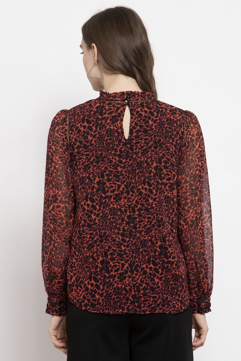 Gipsy Deep Orange Abstract Georgette Top