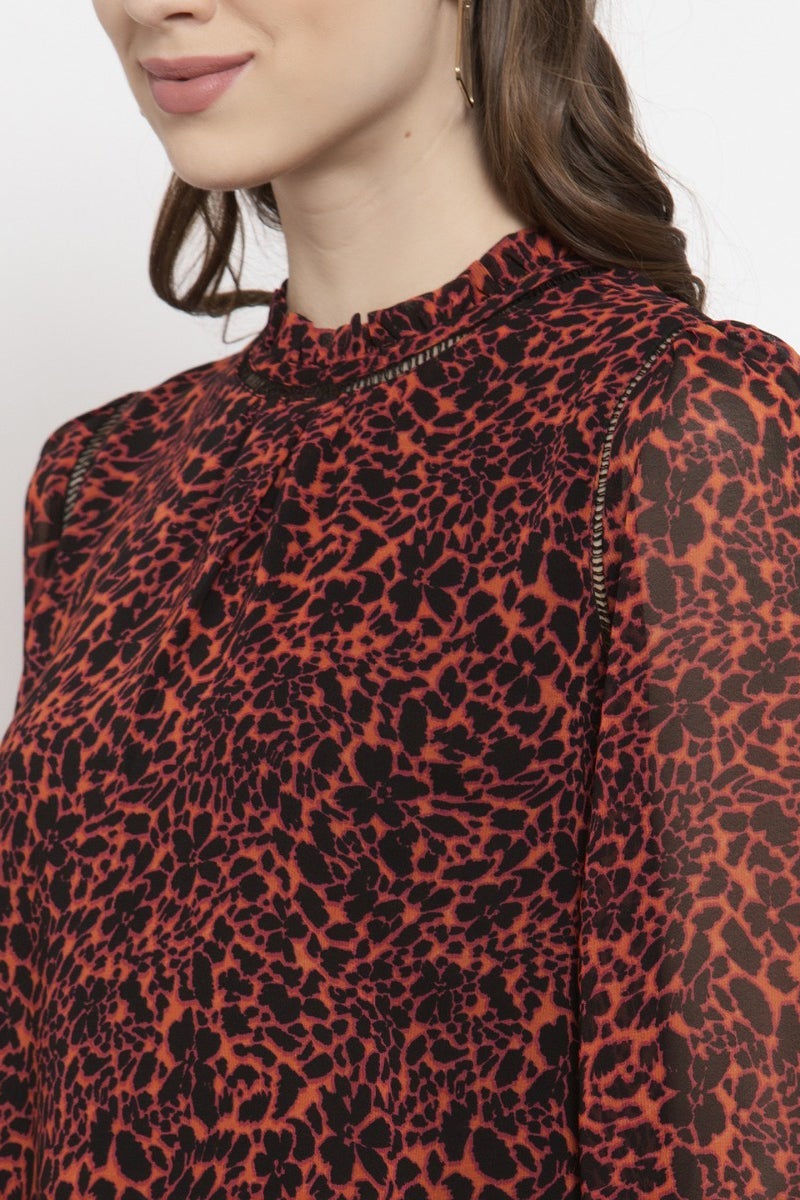 Gipsy Deep Orange Abstract Georgette Top