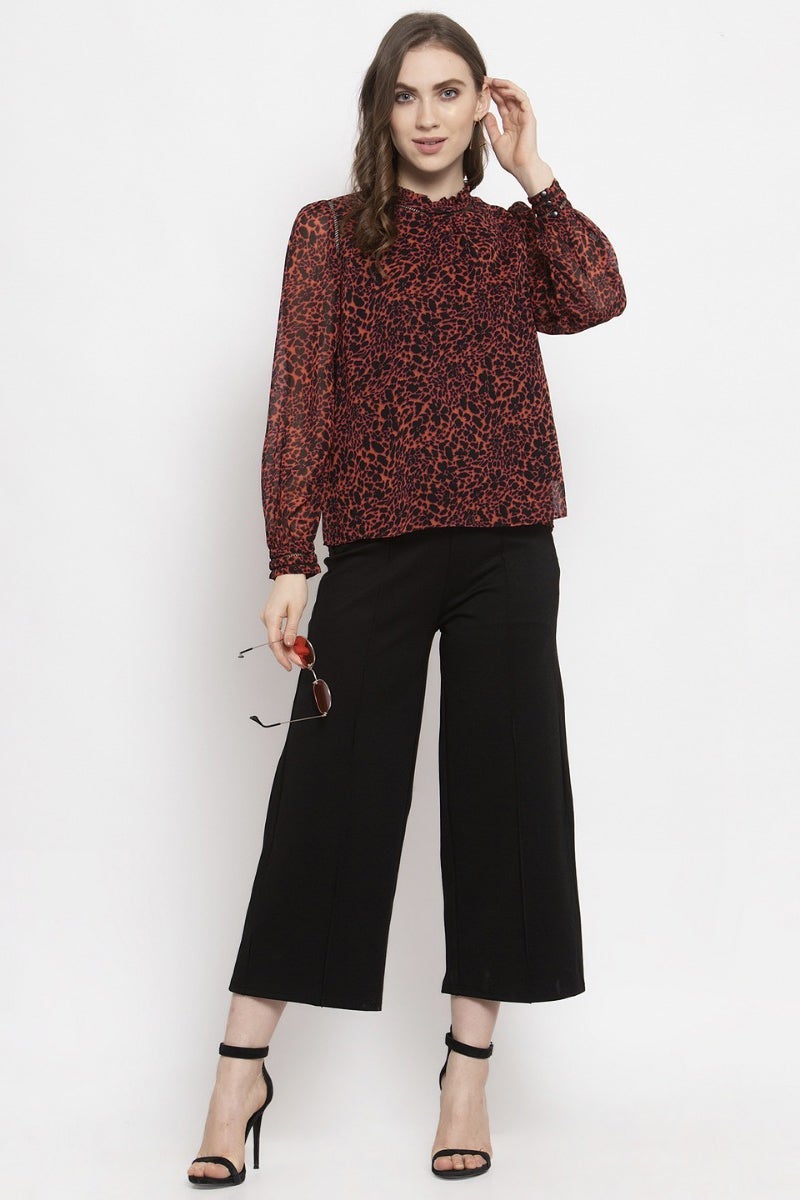 Gipsy Deep Orange Abstract Georgette Top