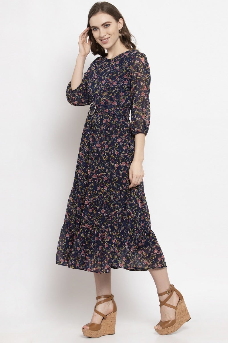 Gipsy Navy Blue Floral Georgette Dress