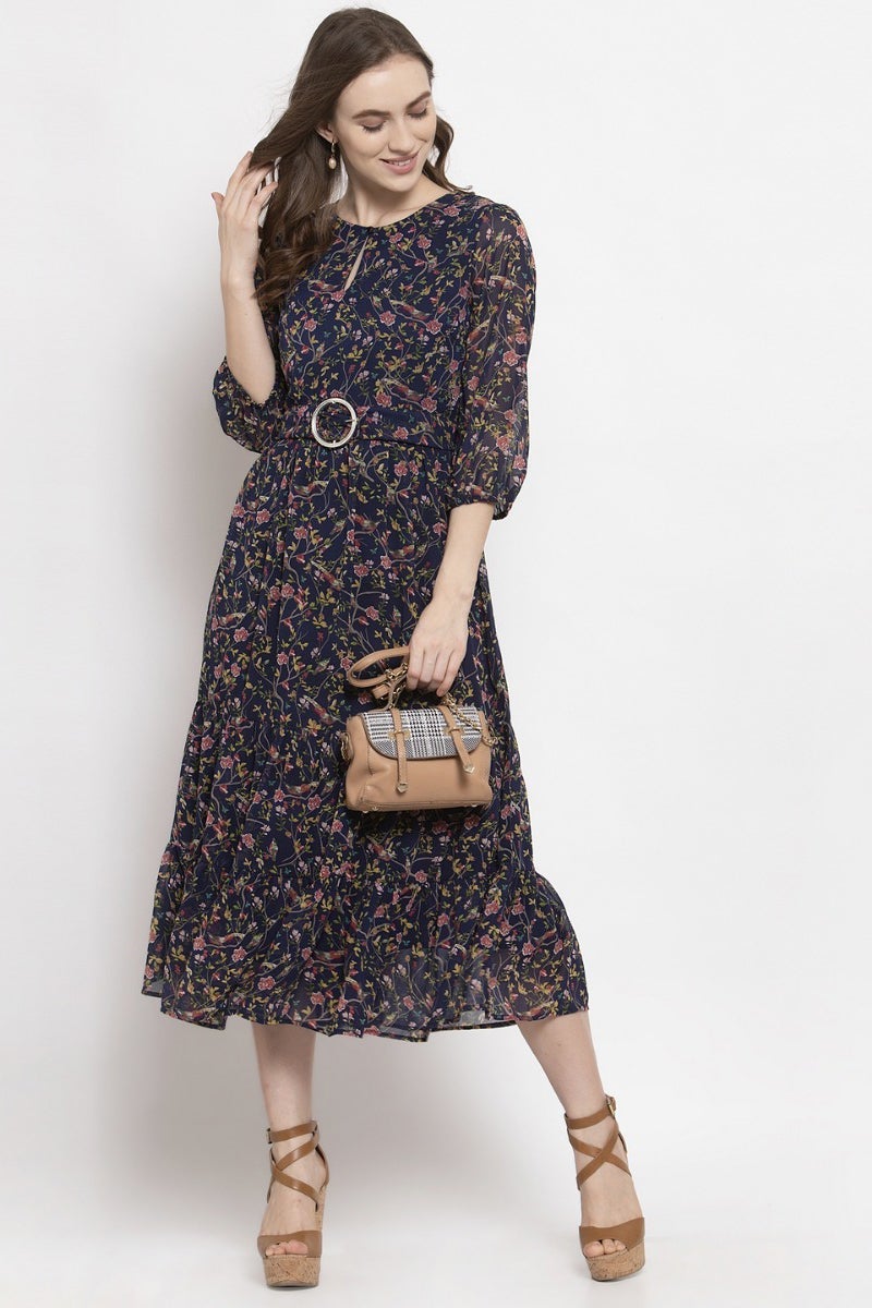 Gipsy Navy Blue Floral Georgette Dress