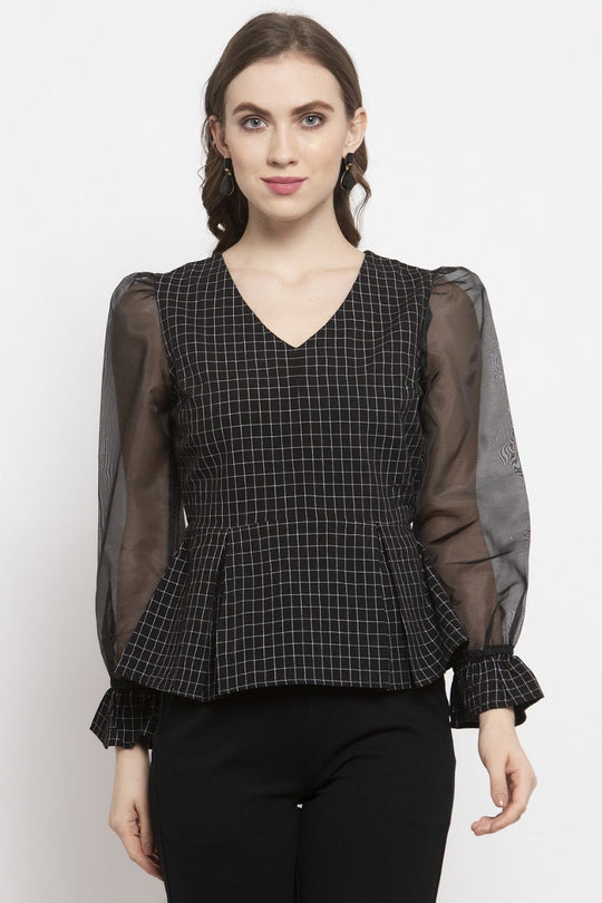 Gipsy Black Checked Cotton Net Top