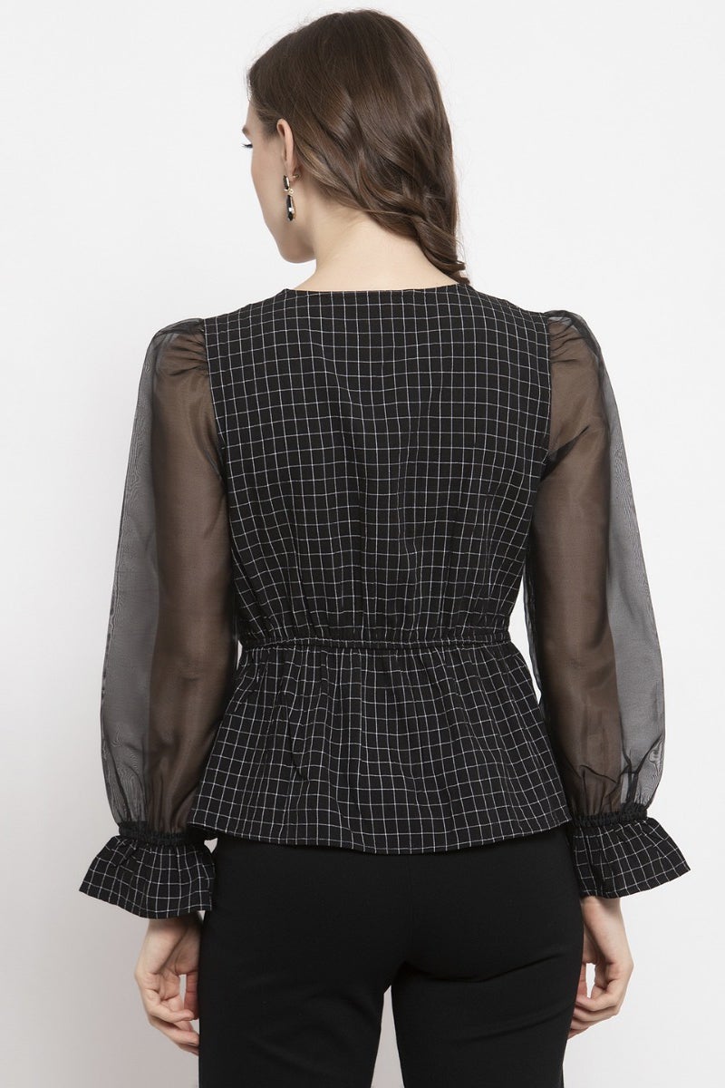 Gipsy Black Checked Cotton Net Top