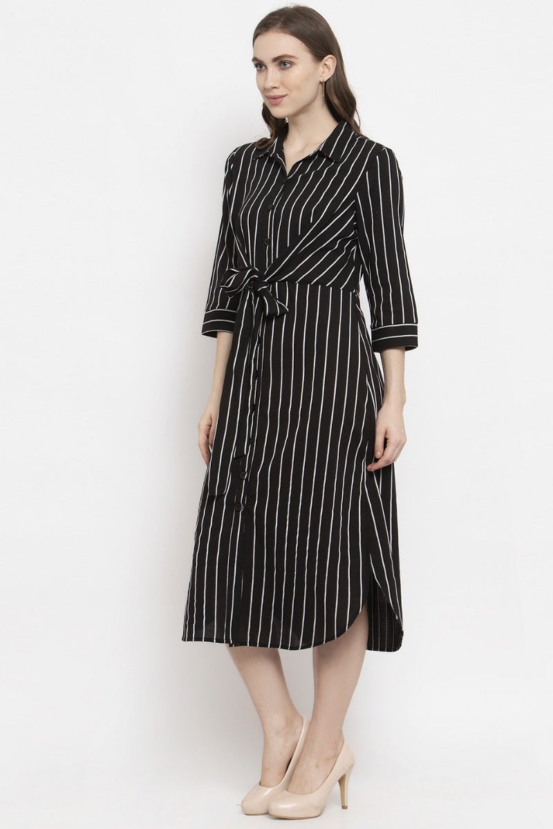 Gipsy Black Vertical Striped Cotton Dress