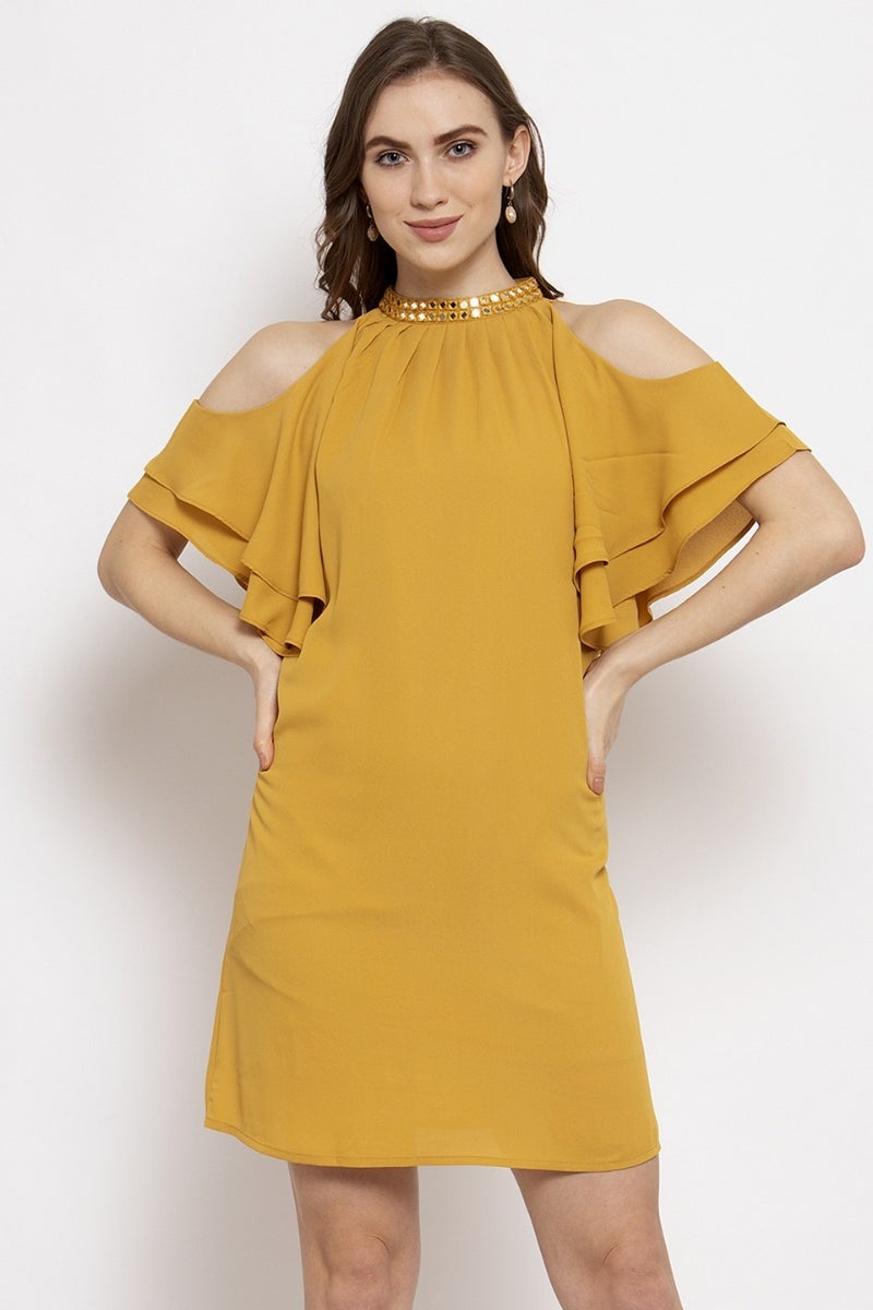 Gipsy Mustard Embellished Solid Georgette Dress