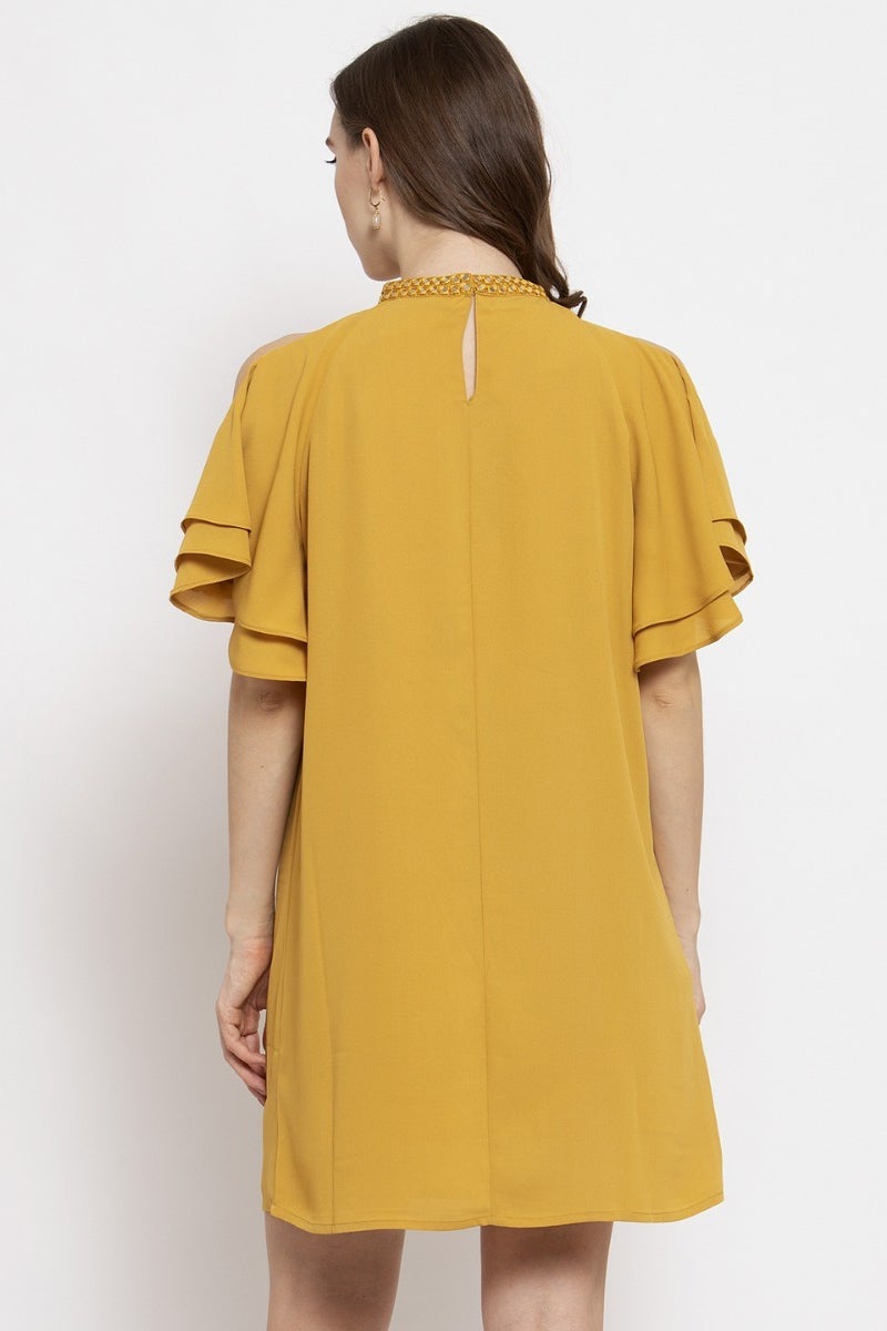 Gipsy Mustard Embellished Solid Georgette Dress