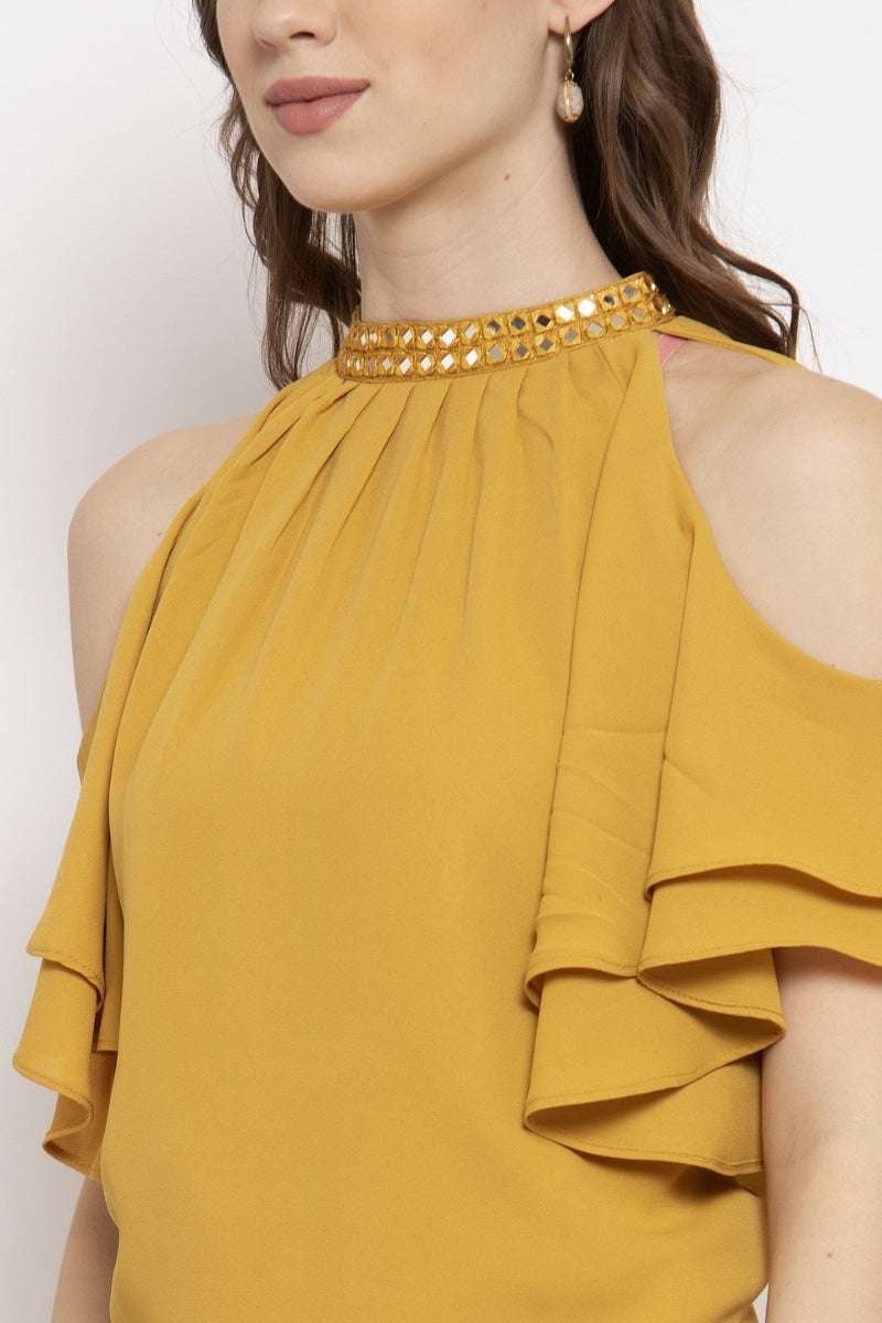Gipsy Mustard Embellished Solid Georgette Dress
