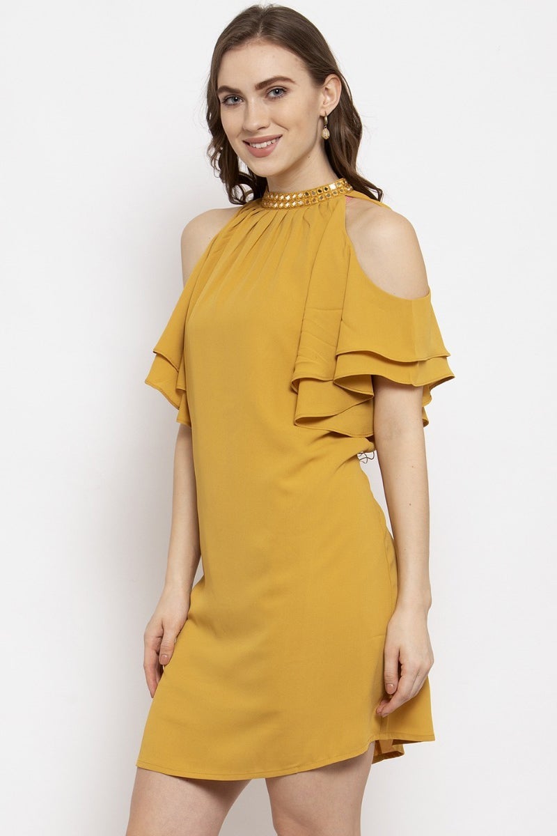 Gipsy Mustard Embellished Solid Georgette Dress