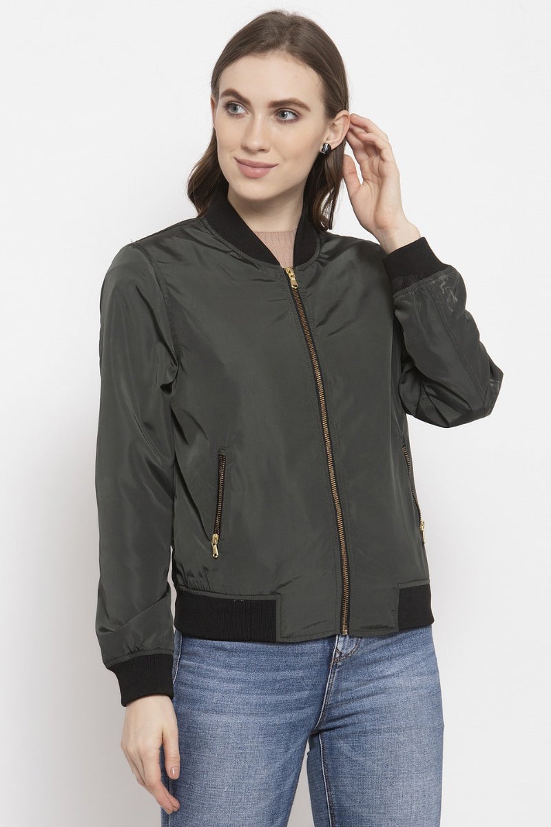Gipsy Forest Green Solid Polyester Jacket