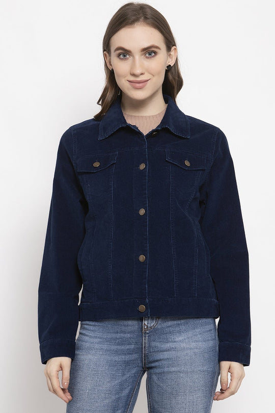 Gipsy Indigo Blue Solid Velvet Polyester Jacket