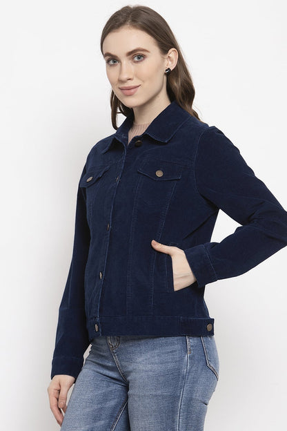 Gipsy Indigo Blue Solid Velvet Polyester Jacket