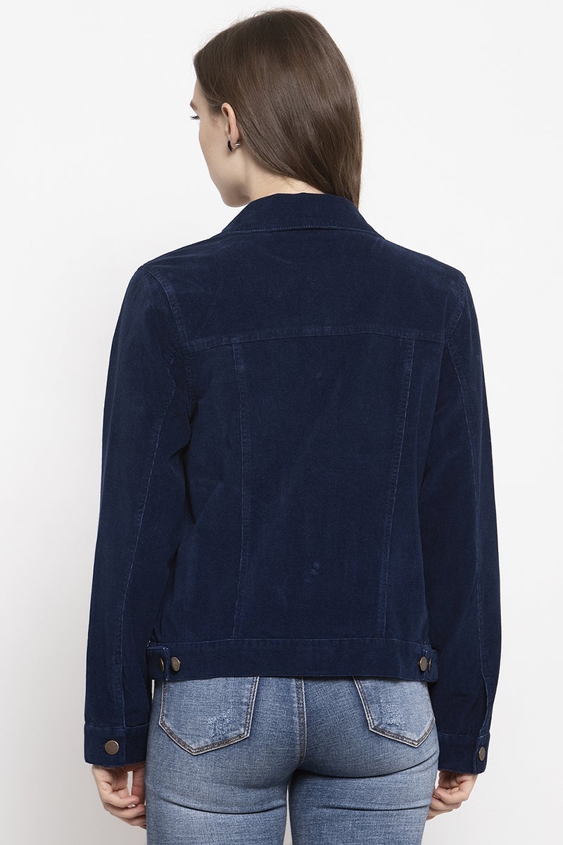 Gipsy Indigo Blue Solid Velvet Polyester Jacket