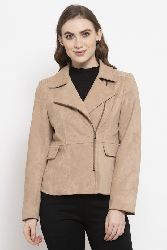 Gipsy Beige Solid Polyester Jacket