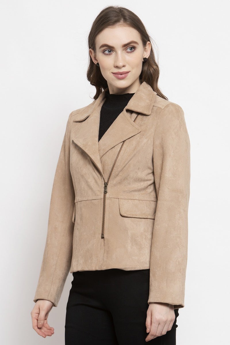 Gipsy Beige Solid Polyester Jacket