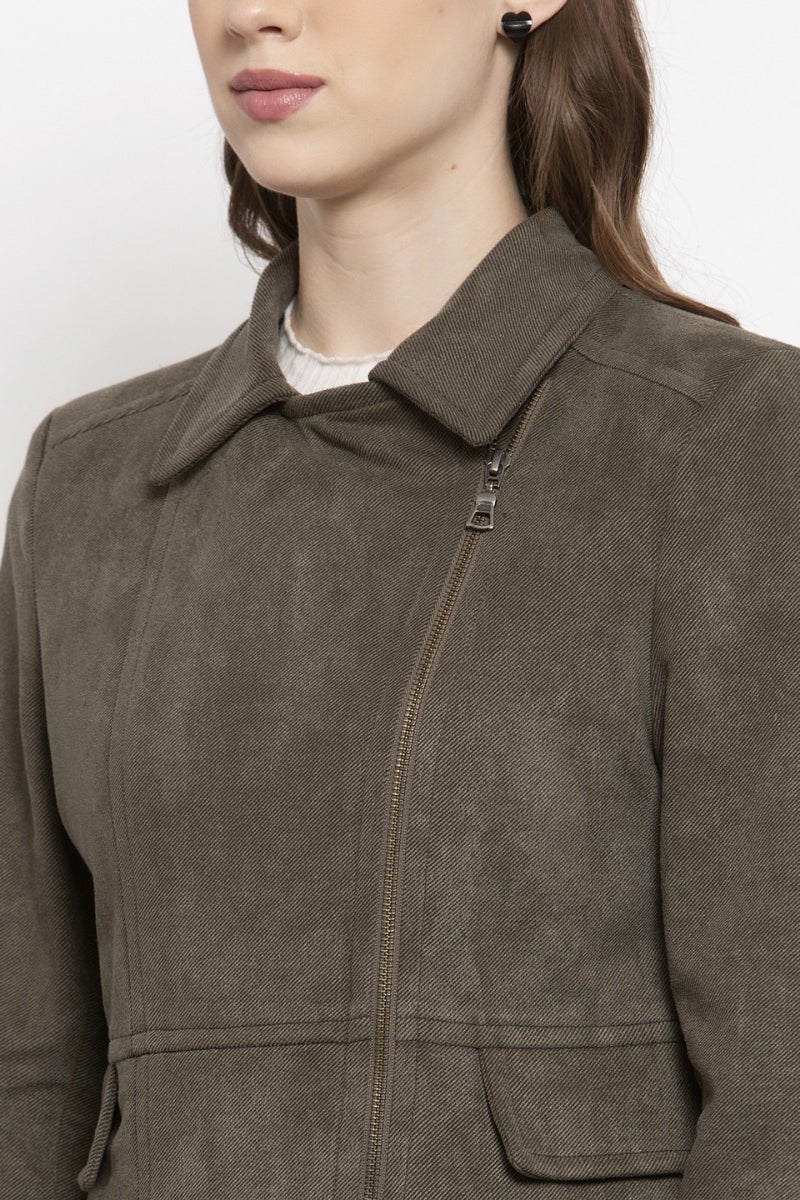 Gipsy Olive Solid Polyester Jacket