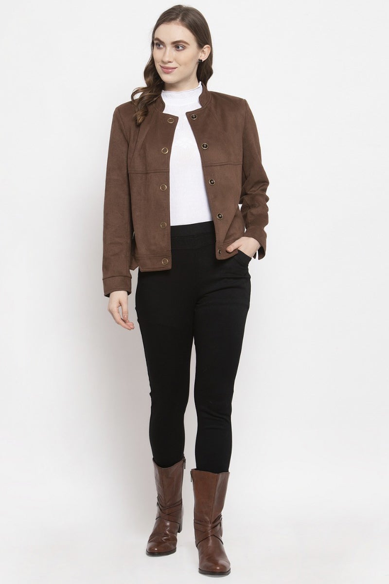 Gipsy Coffee Brown Solid Polyester Jacket