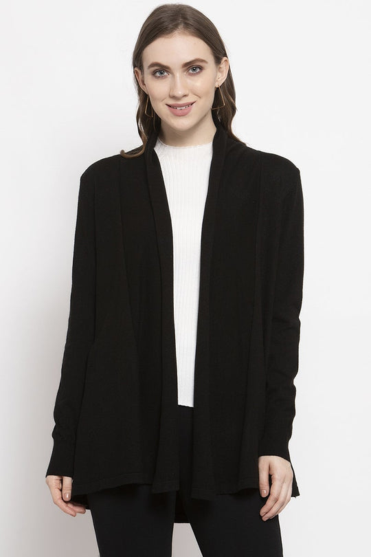 Gipsy Black Solid Knitted Acrylic Long Cardigan