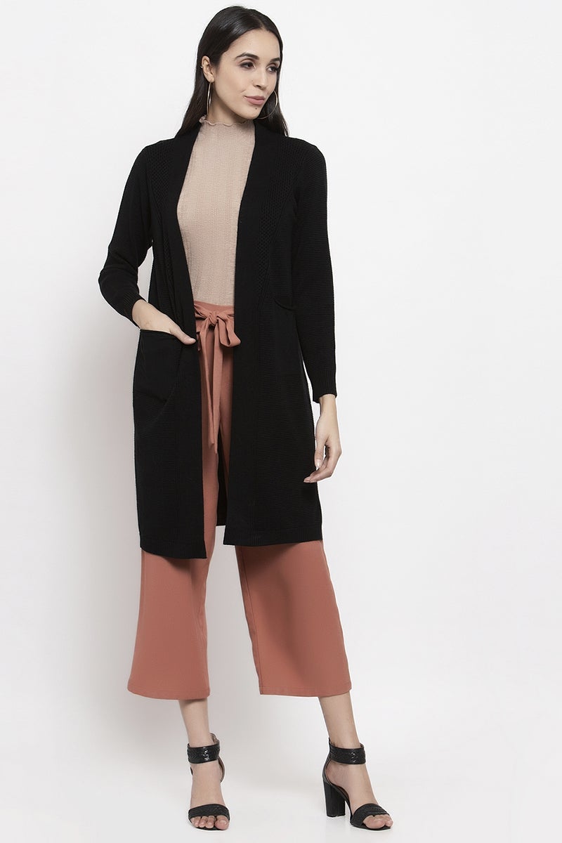 Gipsy Black Solid Design Acrylic Long Cardigan