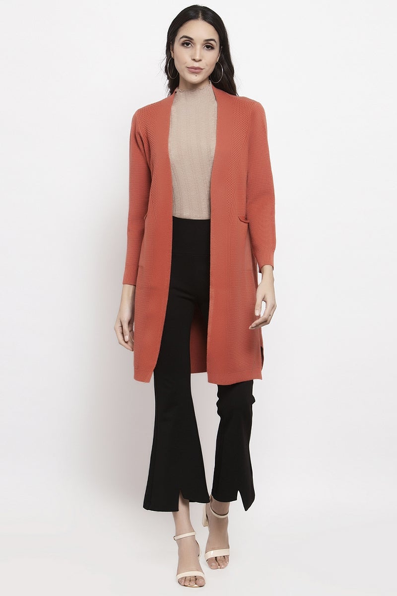 Gipsy Orange Solid Design Acrylic Long Cardigan