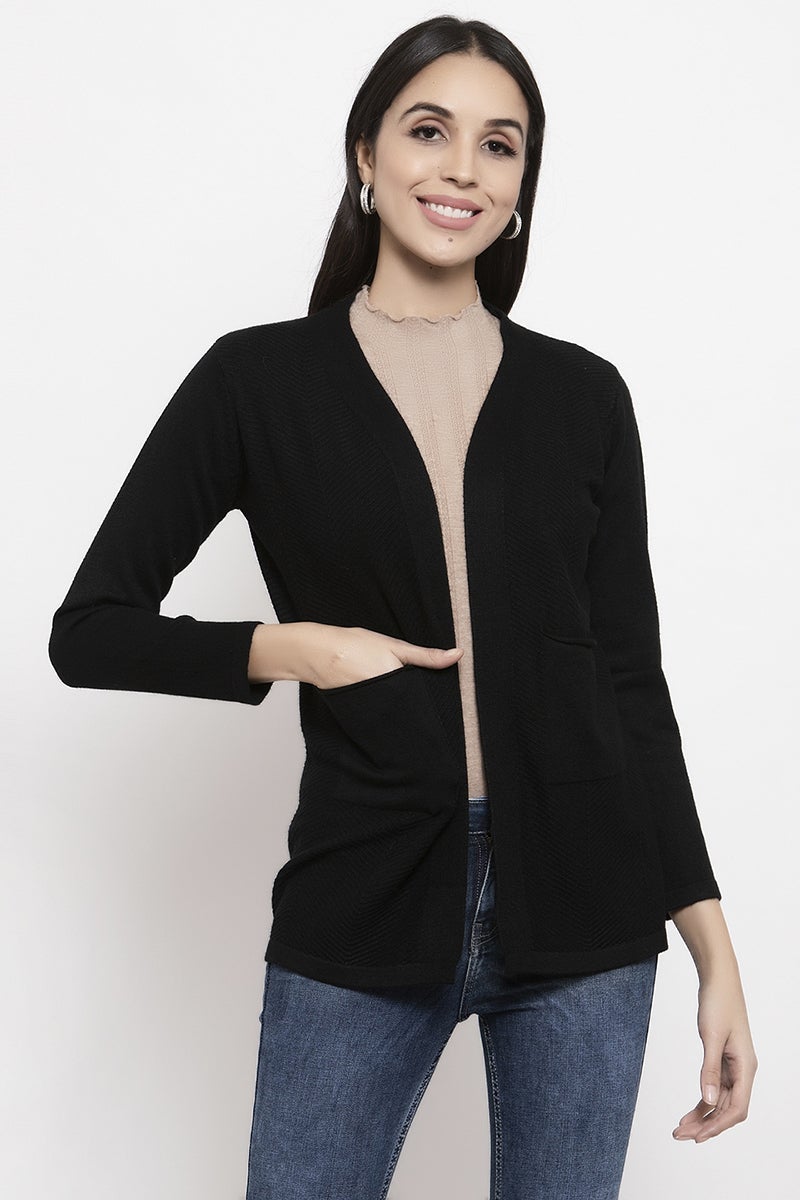 Gipsy Black Solid Acrylic Long Cardigan