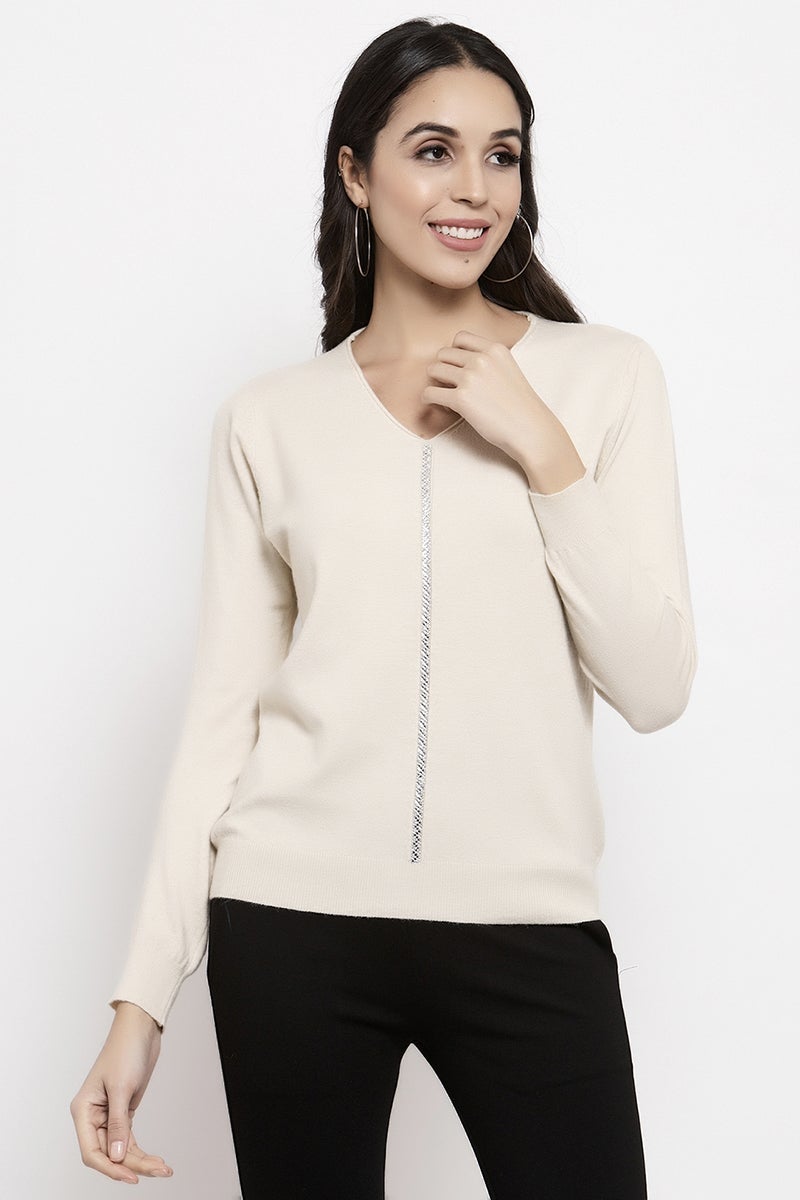 Gipsy White Solid Embellished Acrylic Sweater