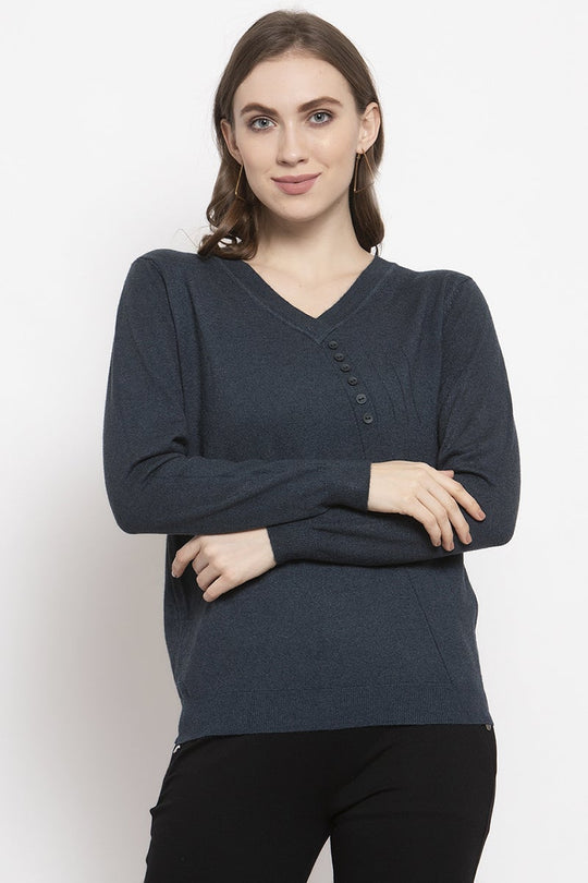 Gipsy Teal Solid Knitted Acrylic Sweater