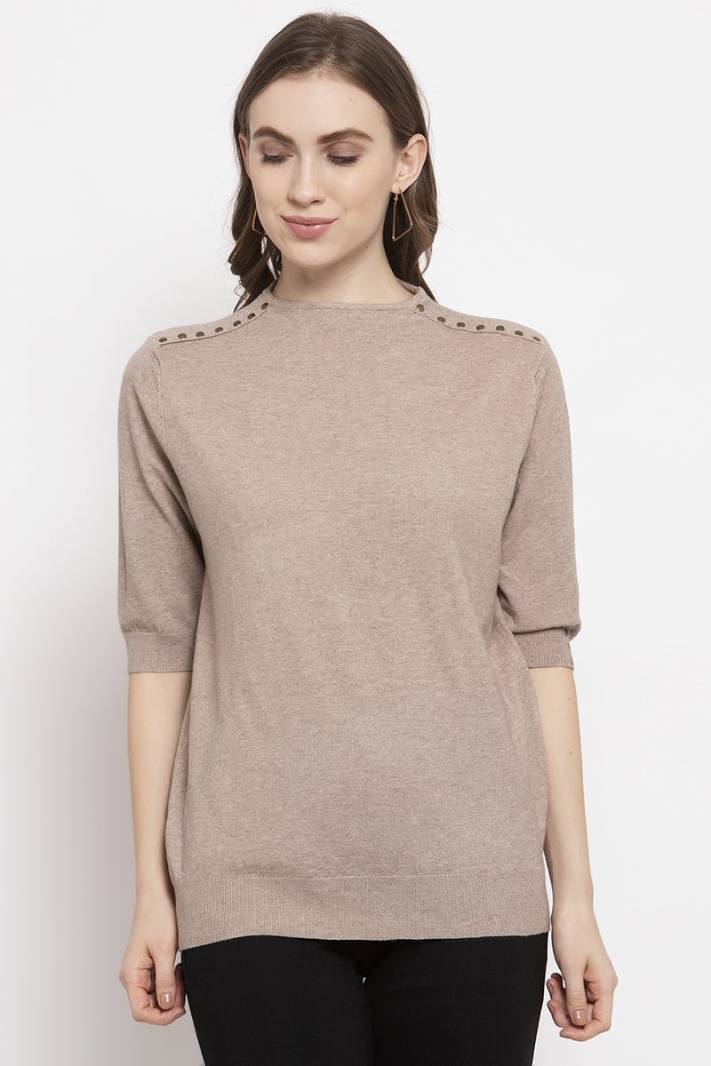 Gipsy Beige Solid Knitted Acrylic Sweater