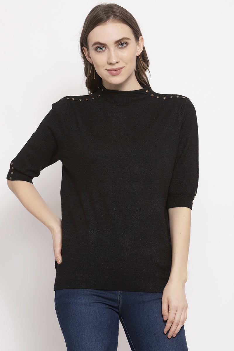 Gipsy Black Solid Knitted Acrylic Sweater