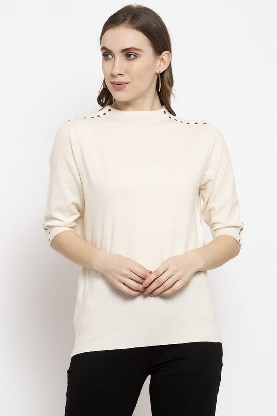 Gipsy Cream Solid Knitted Acrylic Sweater