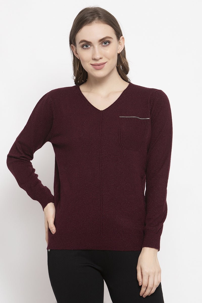 Gipsy Maroon Solid Knitted Acrylic Sweater