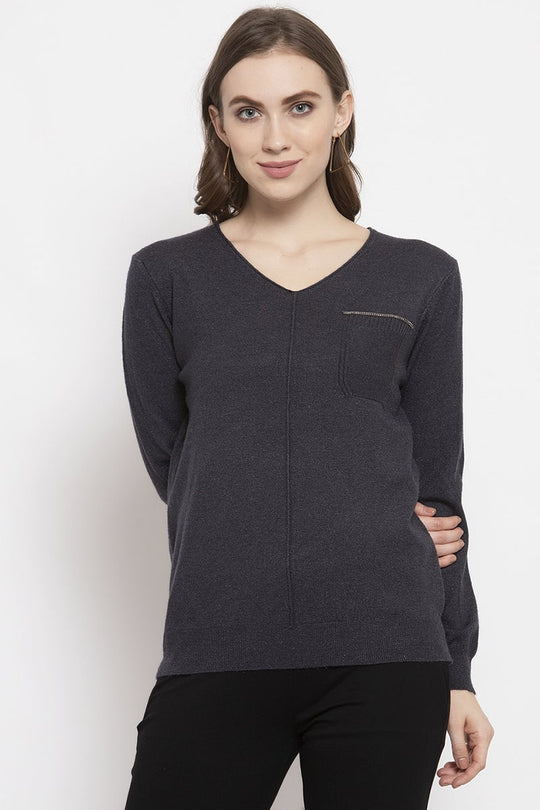 Gipsy Steel Grey Solid Knitted Acrylic Sweater