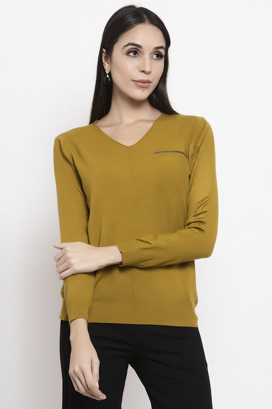 Gipsy Mustard Solid Embellished Acrylic Sweater