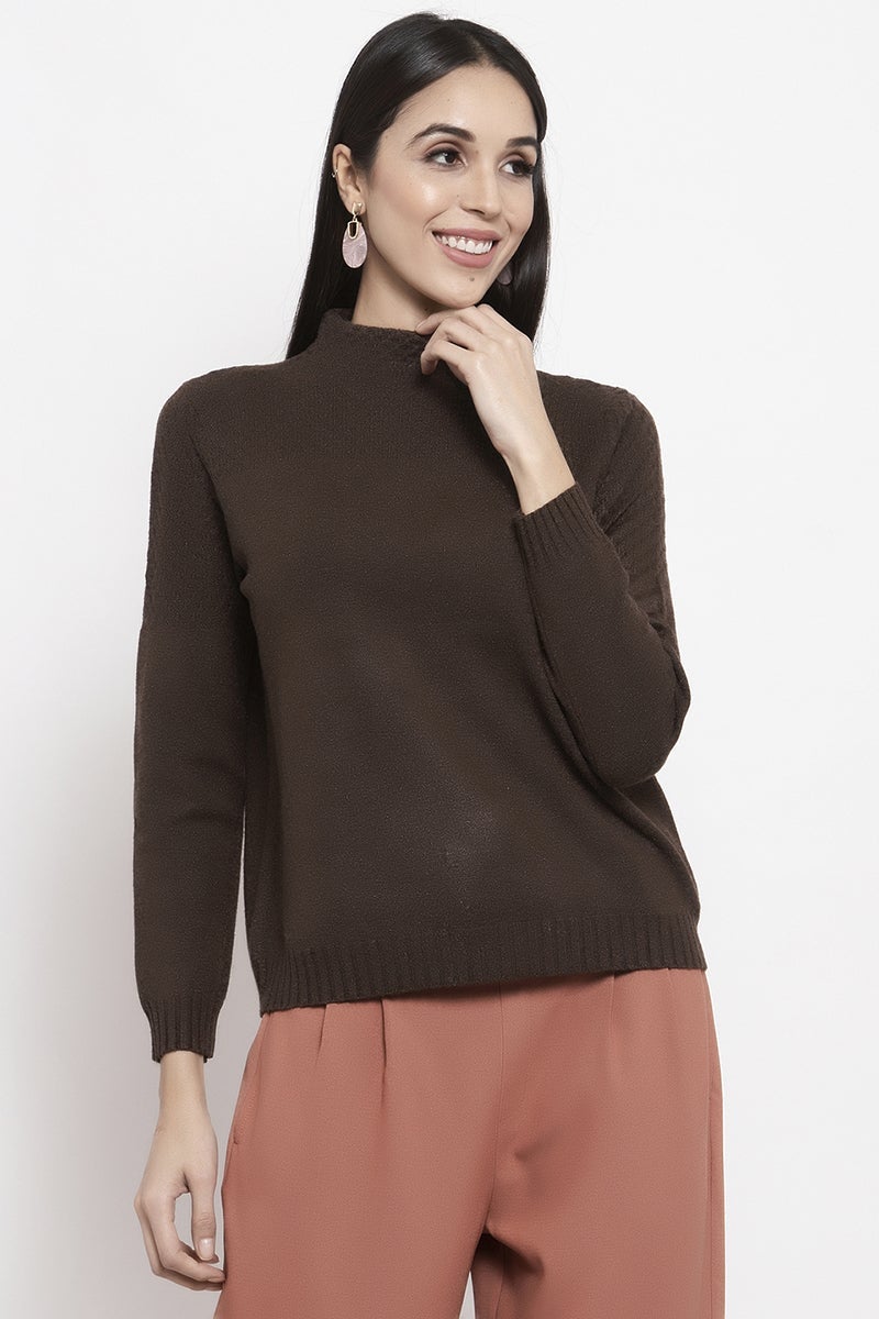 Gipsy Coffee Brown Solid Acrylic Sweater