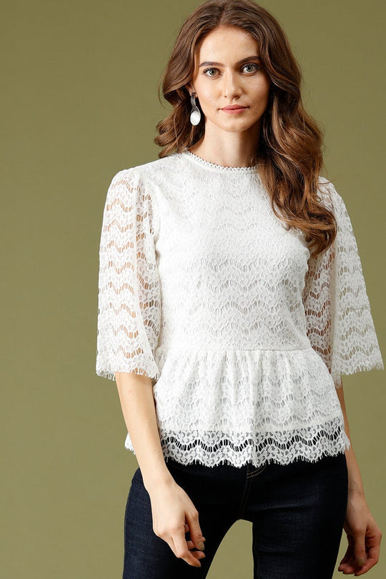 White Medium Length Round Neck Polyester Top