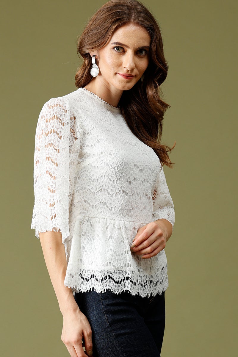 White Medium Length Round Neck Polyester Top