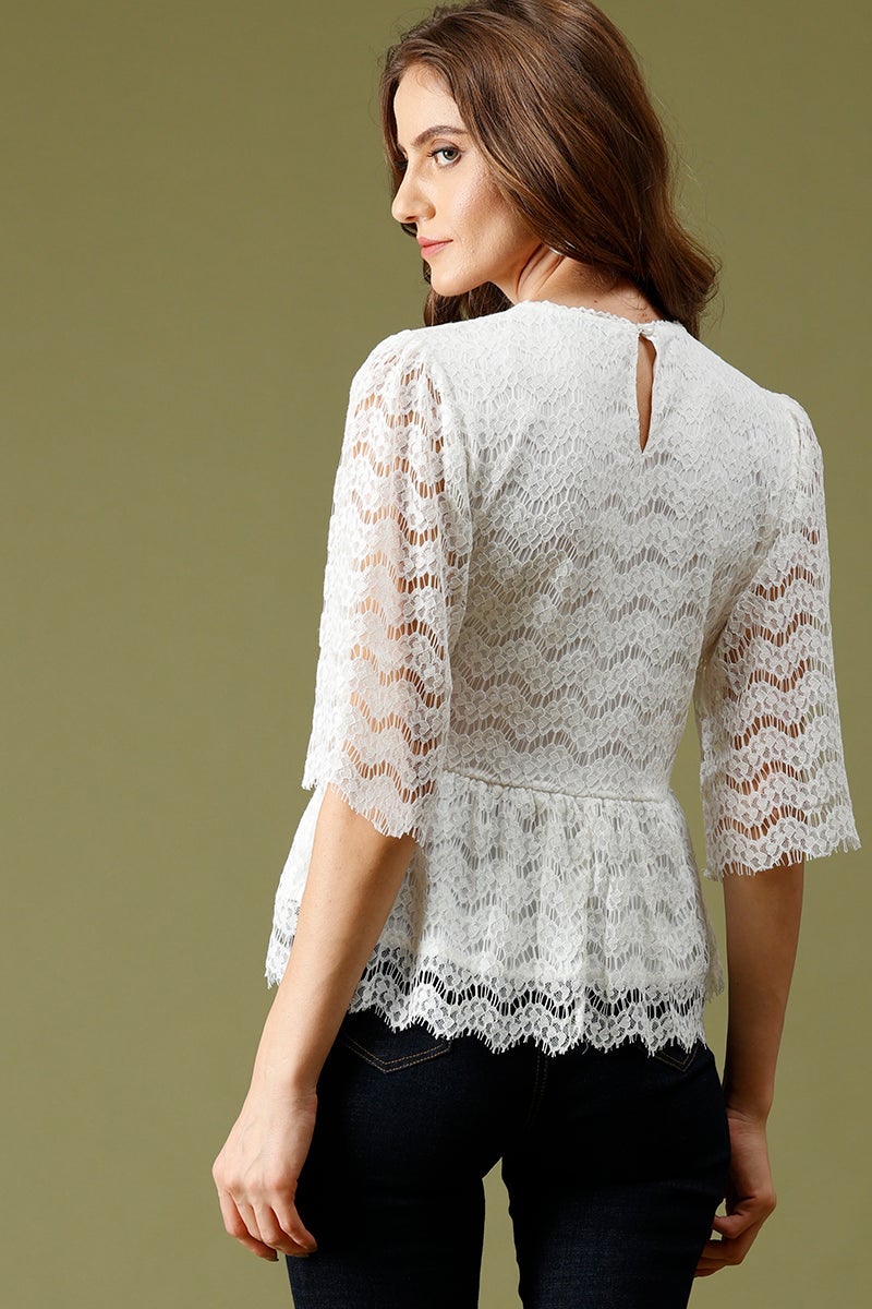White Medium Length Round Neck Polyester Top