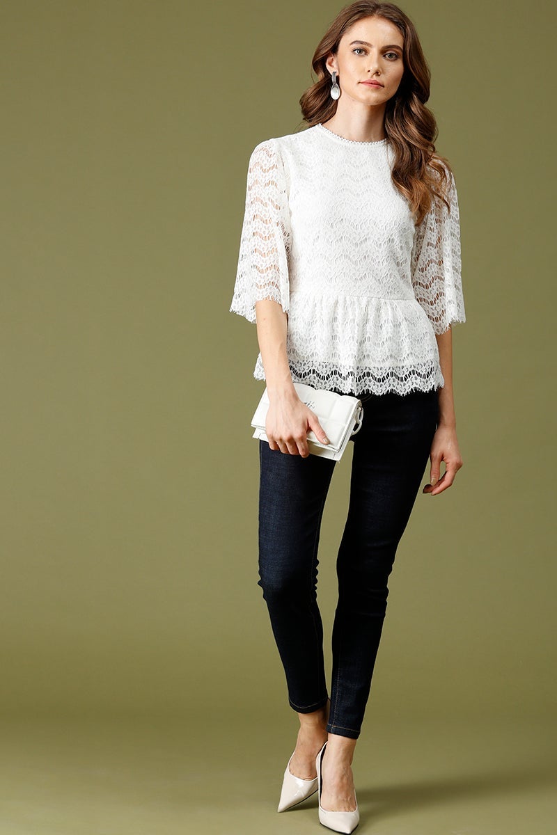 White Medium Length Round Neck Polyester Top