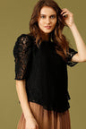 Black Medium Length Round Neck Polyester Top