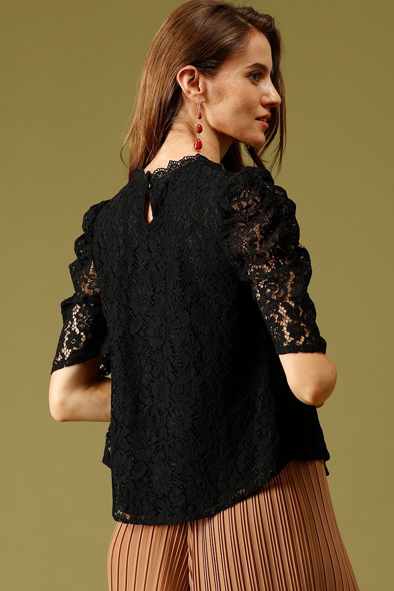 Black Medium Length Round Neck Polyester Top